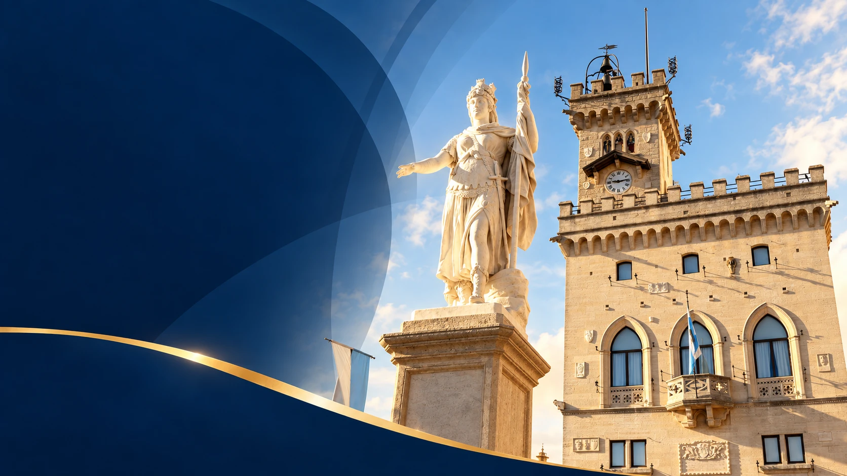 Composizione grafica con Palazzo Pubblico e Statua della Libertà di San Marino