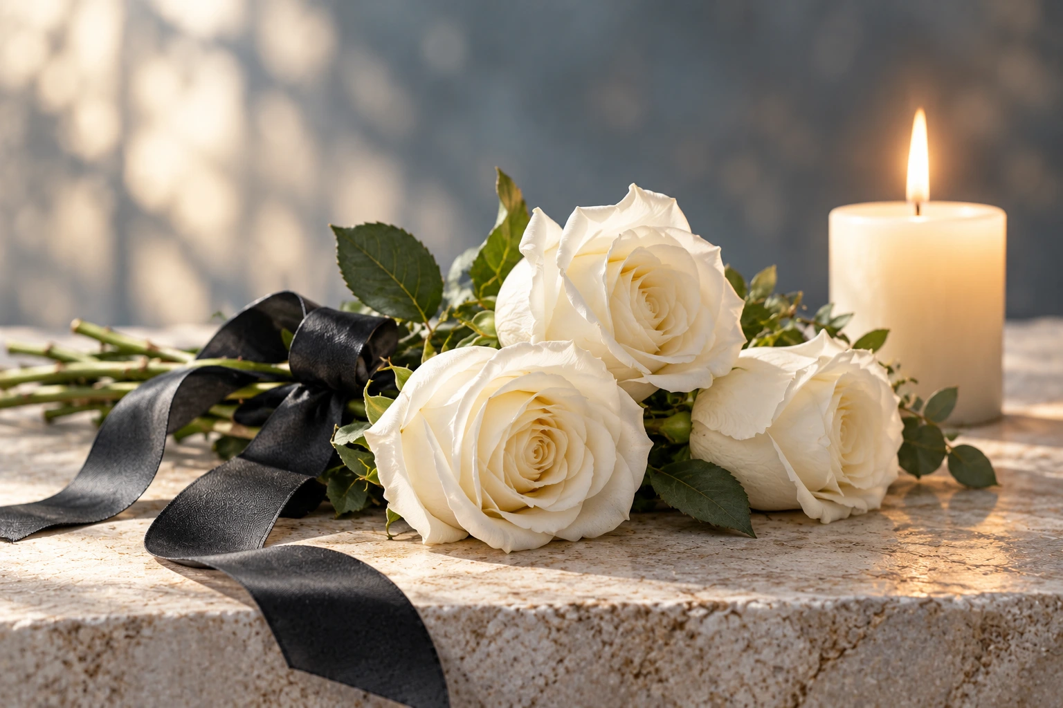 Rose bianche e una candela, simboli di ricordo e vicinanza