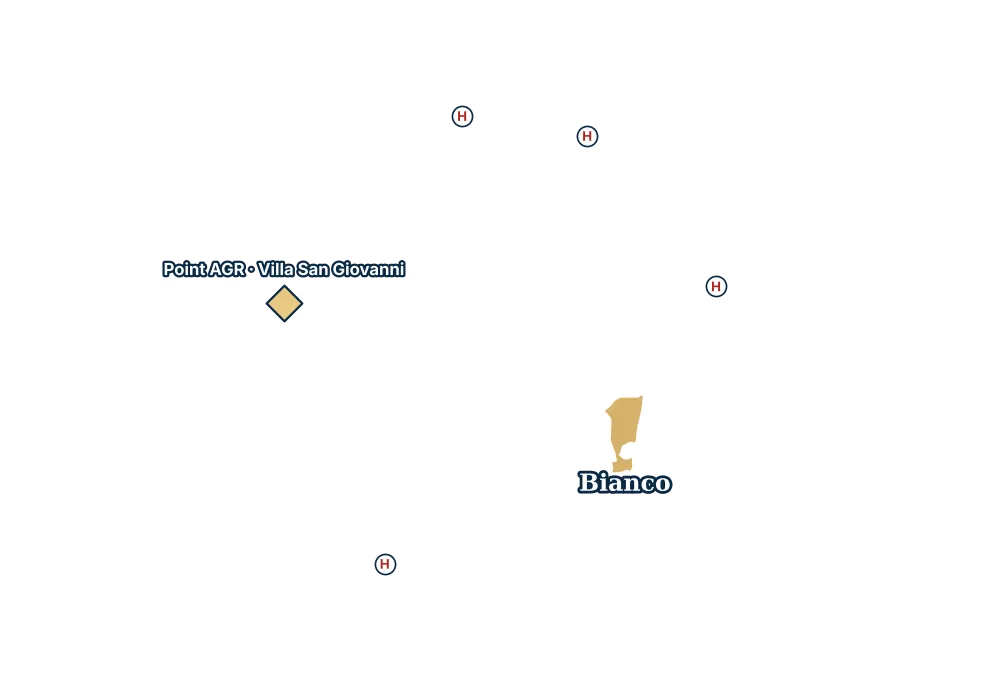 Mappa di Bianco con gli ospedali più vicini e il Point AGR