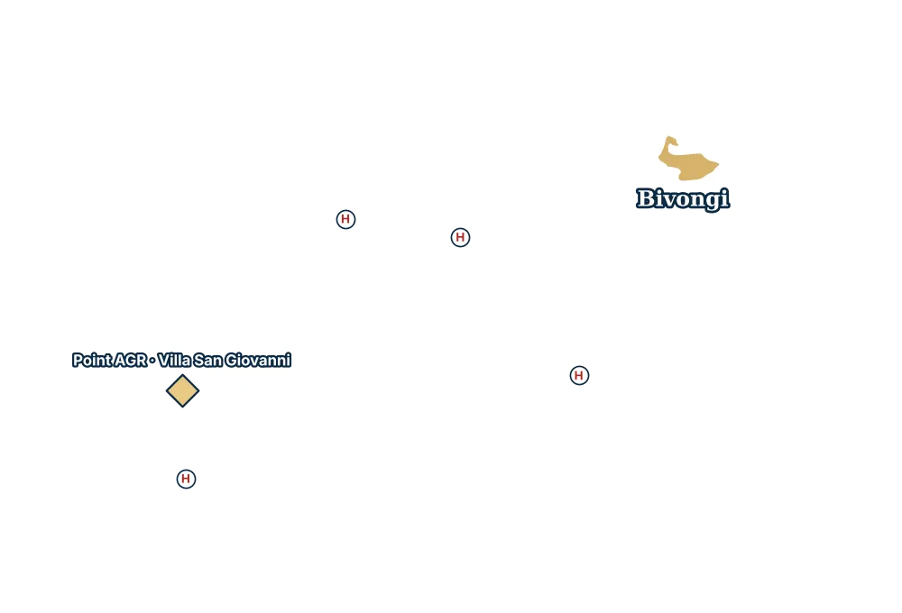 Mappa di Bivongi con gli ospedali più vicini e il Point AGR