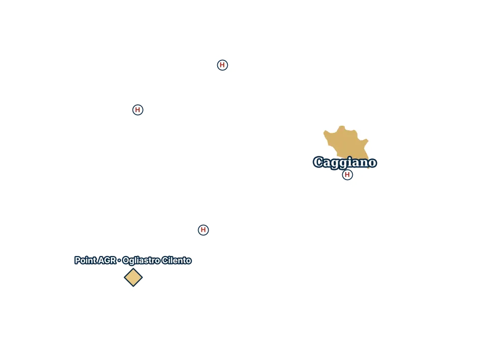 Mappa di Caggiano con gli ospedali più vicini e il Point AGR