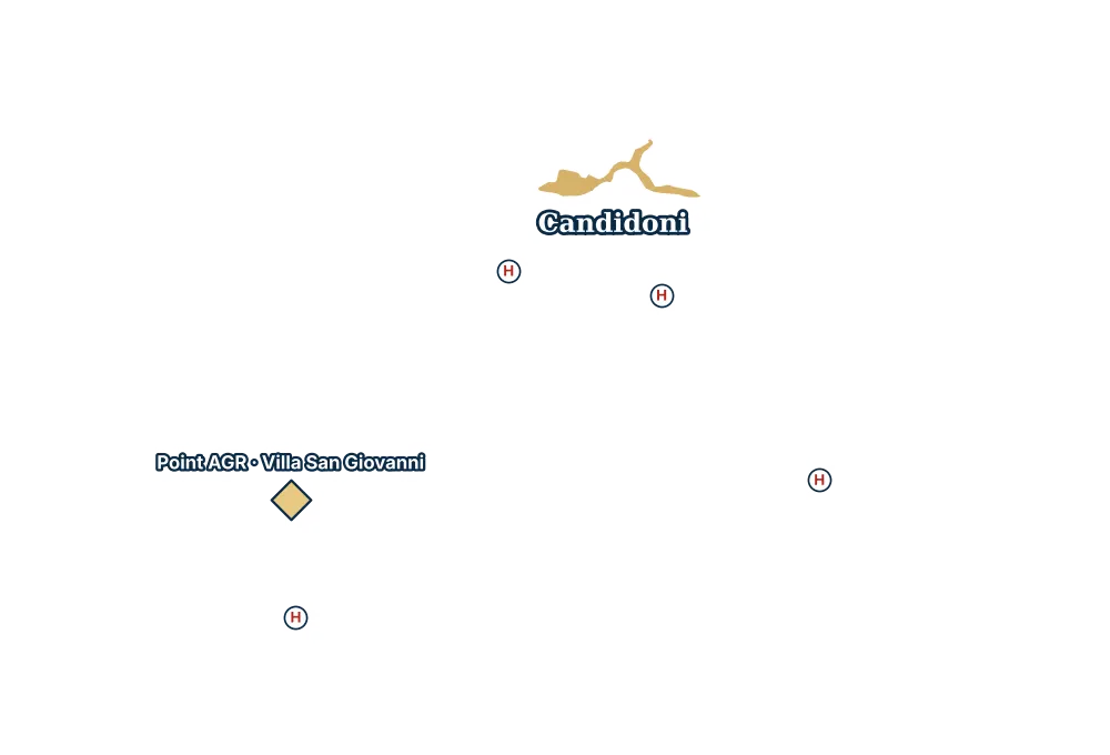 Mappa di Candidoni con gli ospedali più vicini e il Point AGR