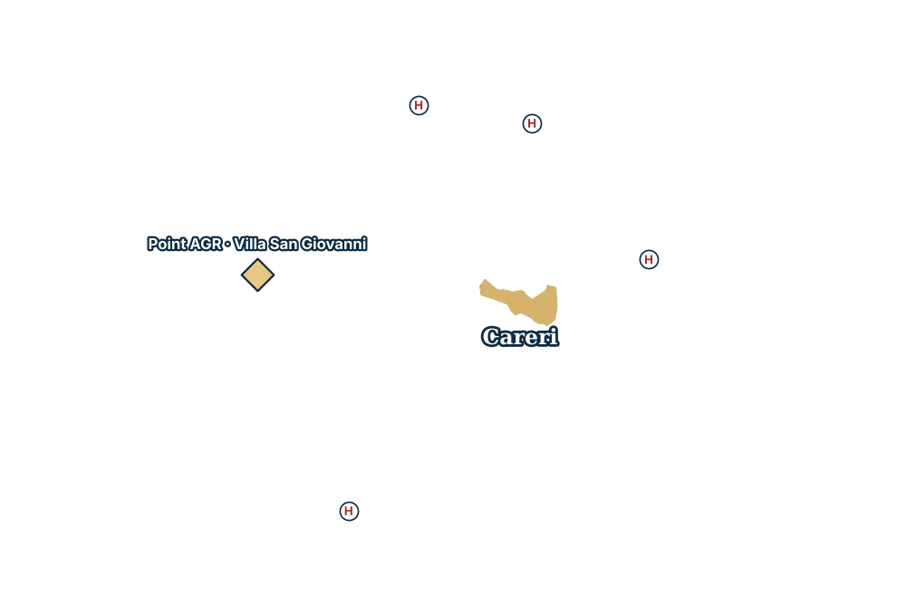 Mappa di Careri con gli ospedali più vicini e il Point AGR