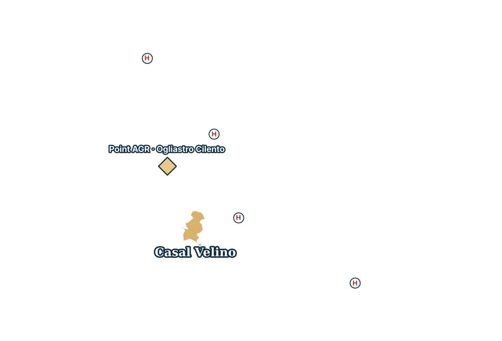 Mappa di Casal Velino con gli ospedali più vicini e il Point AGR