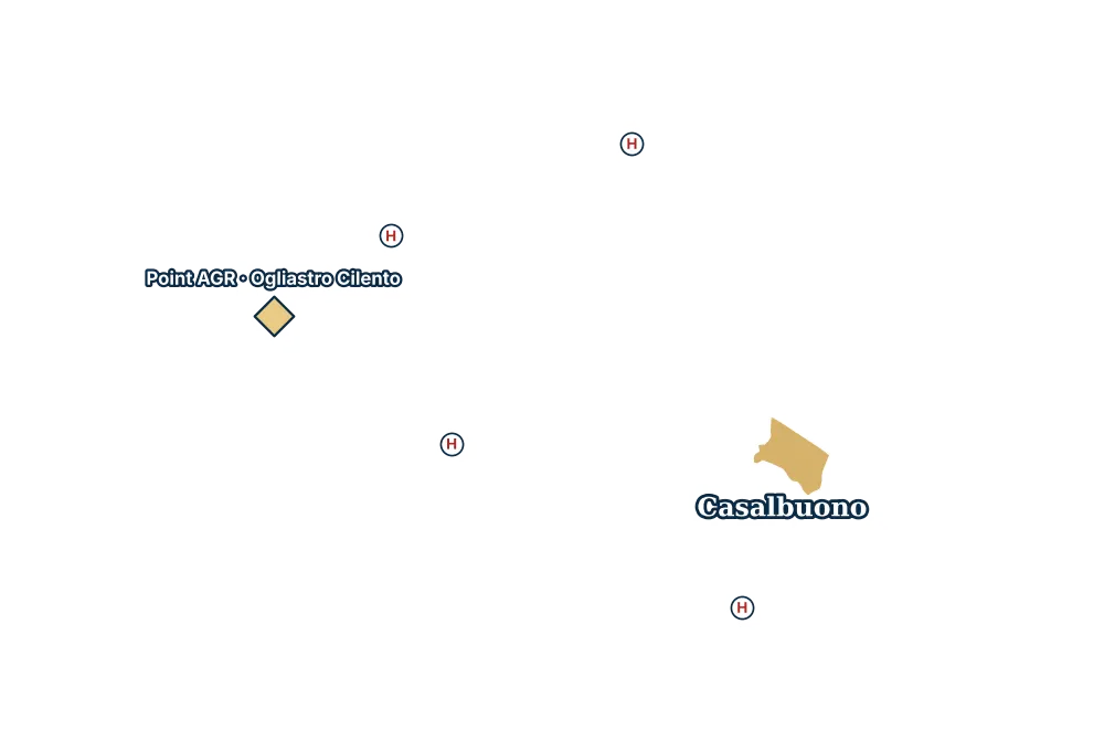 Mappa di Casalbuono con gli ospedali più vicini e il Point AGR