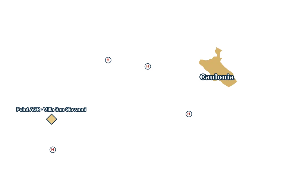 Mappa di Caulonia con gli ospedali più vicini e il Point AGR