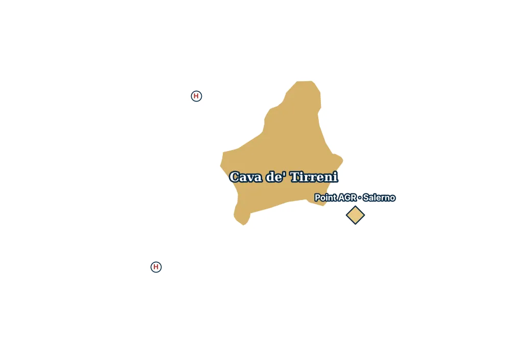 Mappa di Cava de' Tirreni con gli ospedali più vicini e il Point AGR