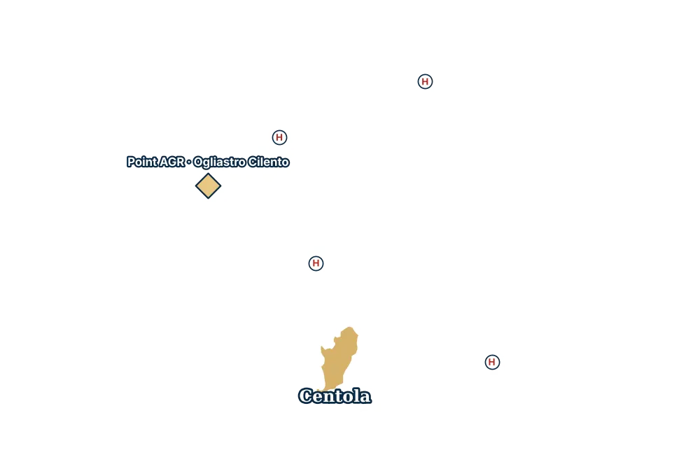 Mappa di Centola con gli ospedali più vicini e il Point AGR