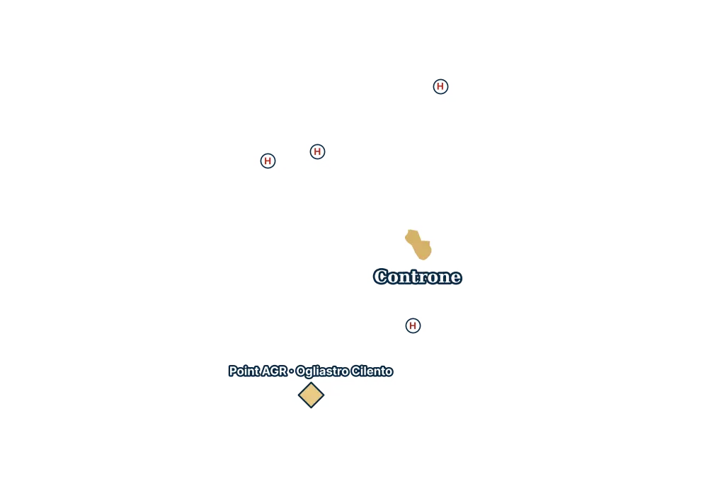 Mappa di Controne con gli ospedali più vicini e il Point AGR