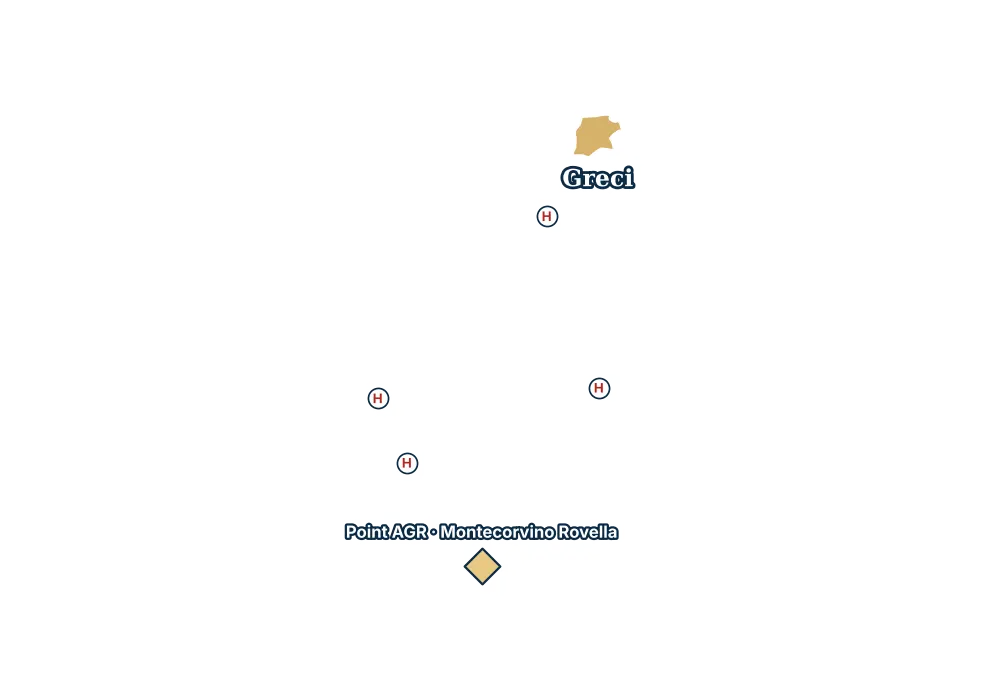Mappa di Greci con gli ospedali più vicini e il Point AGR
