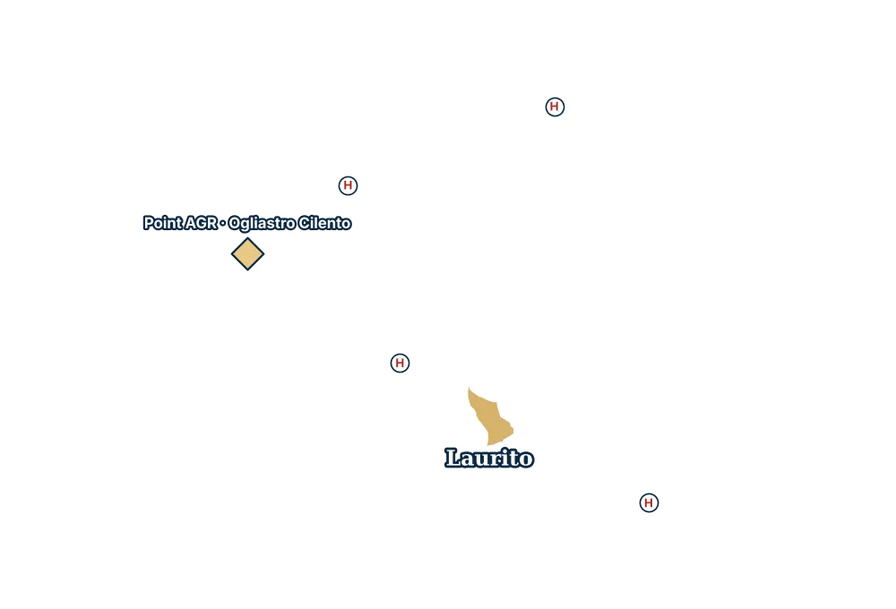 Mappa di Laurito con gli ospedali più vicini e il Point AGR