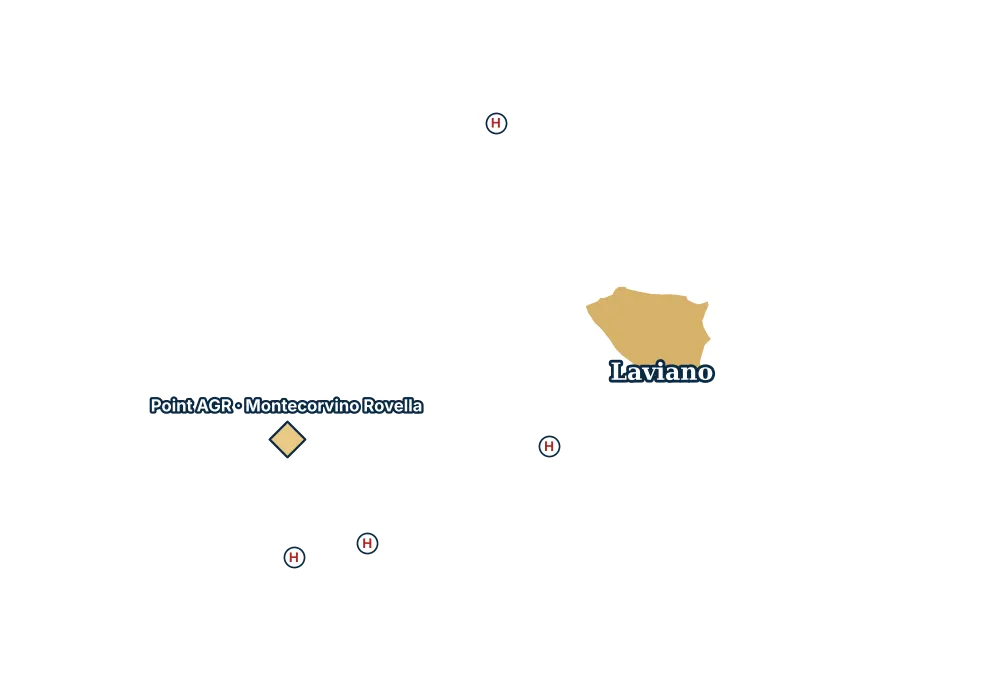 Mappa di Laviano con gli ospedali più vicini e il Point AGR