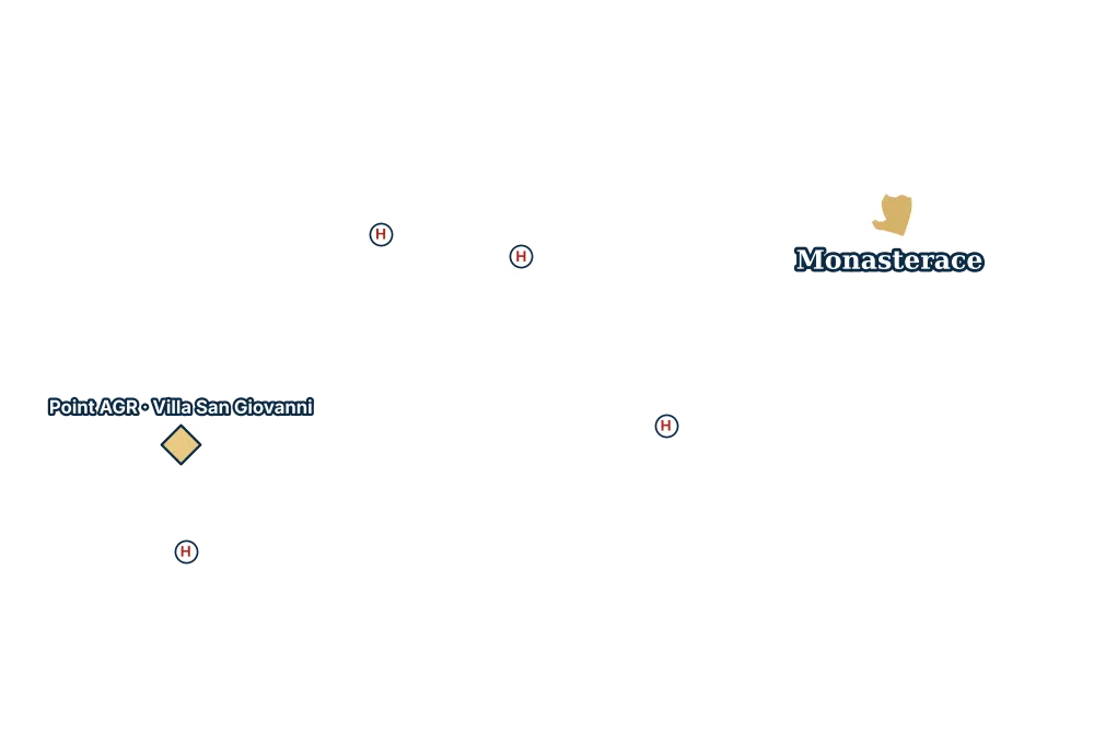 Mappa di Monasterace con gli ospedali più vicini e il Point AGR