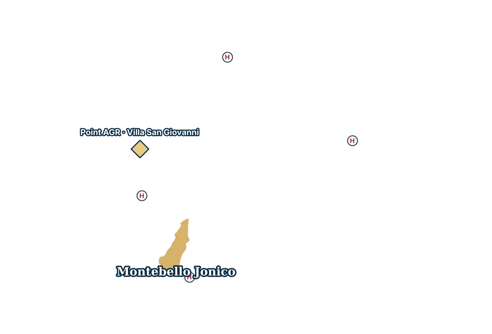 Mappa di Montebello Jonico con gli ospedali più vicini e il Point AGR