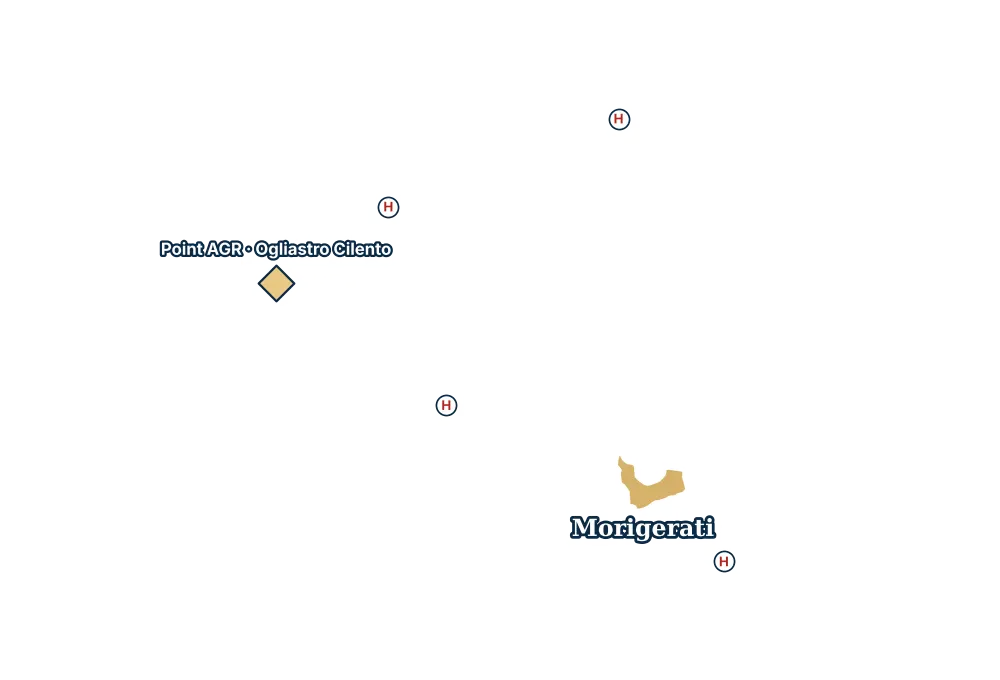 Mappa di Morigerati con gli ospedali più vicini e il Point AGR