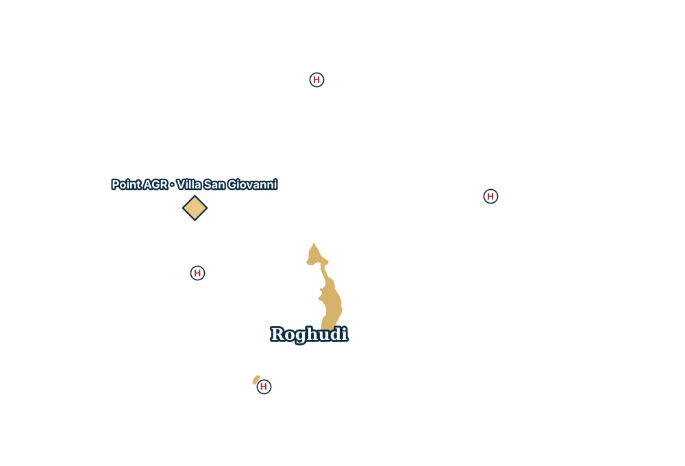 Mappa di Roghudi con gli ospedali più vicini e il Point AGR