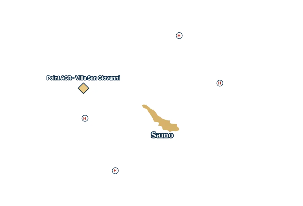 Mappa di Samo con gli ospedali più vicini e il Point AGR
