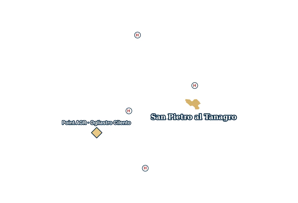 Mappa di San Pietro al Tanagro con gli ospedali più vicini e il Point AGR