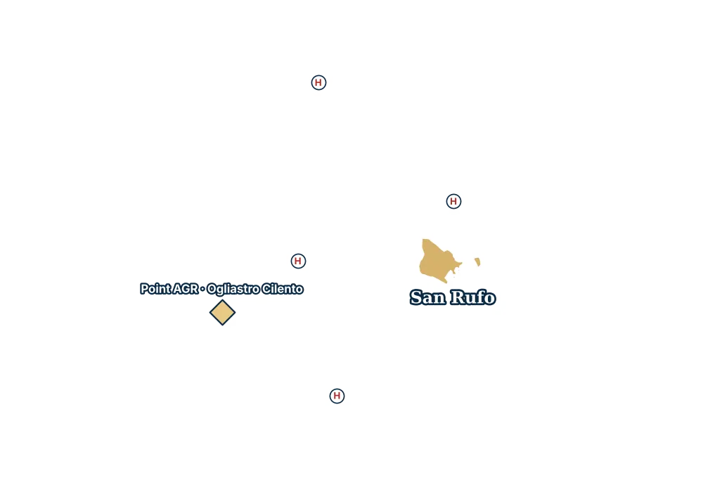 Mappa di San Rufo con gli ospedali più vicini e il Point AGR