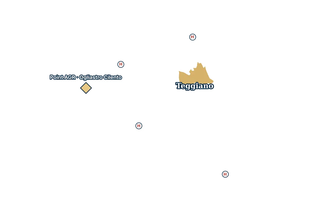 Mappa di Teggiano con gli ospedali più vicini e il Point AGR